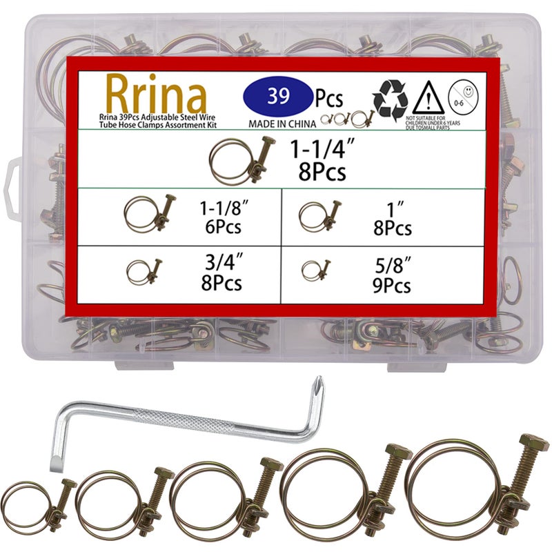 Rrina 39Pcs Adjustable Steel Double Wire Tube Hose Clamps Assortment Kit  5 Sizes 3/4""  5/8""  1""  1-1/8""  1-1/4"" - Image 1